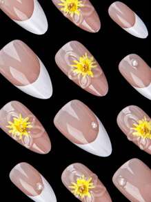 Instantly Upgrade Your Look With 24PCS Medium Almond White French Style Pastoral Style Yellow Floral&Elegant Classic Pearl Decor 3D Full Cover Fake Nail Kit Will Give Your Look A Lovely And Sweety Suitable For Spring Dating And Holiday Press On Nails