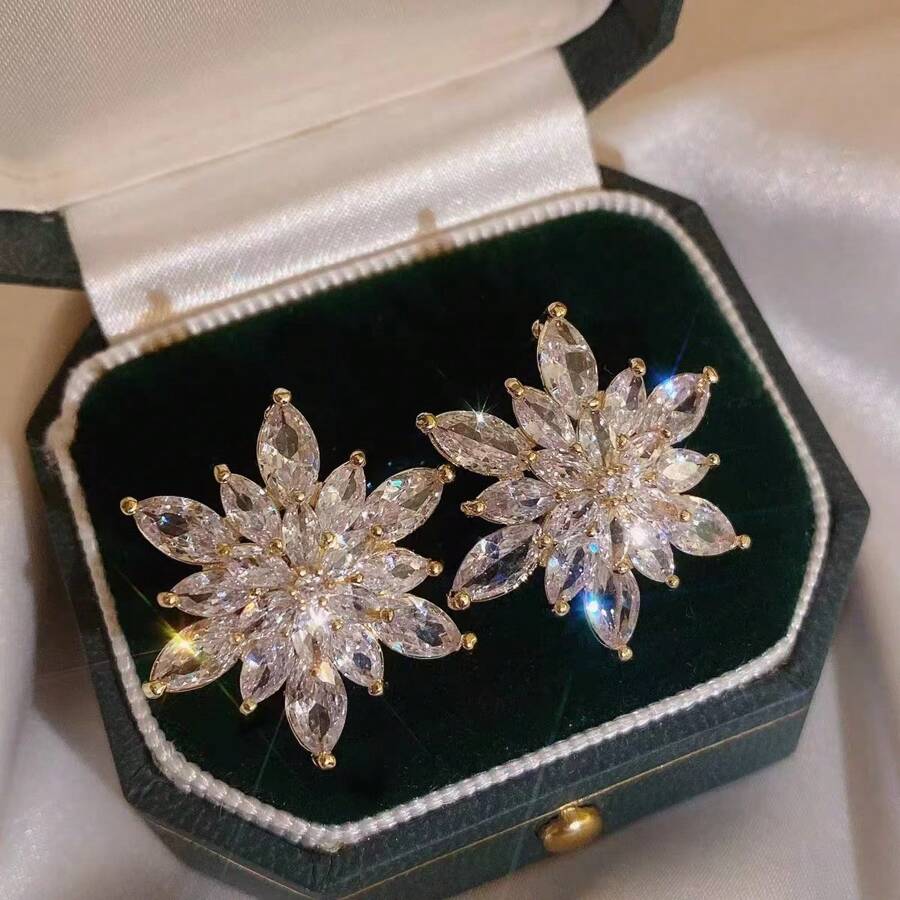 1對波希米亞風鋅合金亮面人造水晶花朵耳釘,適合四季配戴 - 金色 - 查看 1