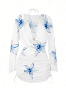 Bộ bikini 3 món đi biển họa tiết hoa, áo hai dây chiffon in họa tiết cúc ngọc trai mùa hè mới, áo ngực và quần lót, có mút độn rời, đồ bơi, váy hè cho nữ, quần áo hè cho nữ - Nhiều màu - Xem 7