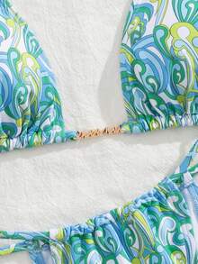 PEPPERMOLLY New Soft Fabric Sexy Front Cutout Floral Print Spaghetti Strap Halter Backless Beach Party Bikini Set, Summer Fashionable Elegant Ladies Swimwear - Multicolor - View 4