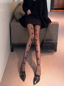 春夏女士透明蕾丝蝴蝶网眼过脚袜，黑色，时尚 & - 黑色 - 查看 4