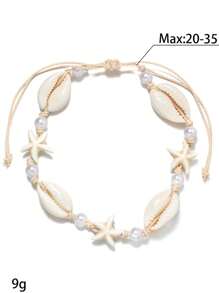 1 pieza Tobillera de estilo bohemio y playero con estrella de mar de turquesa y perlas falsas, tejida e impermeable, adecuada para mujeres de vacaciones