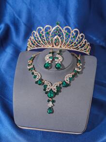 4 件优雅奢华水钻女王水晶皇冠项链耳环发饰套装，新娘婚礼头饰，女士公主舞会派对头饰