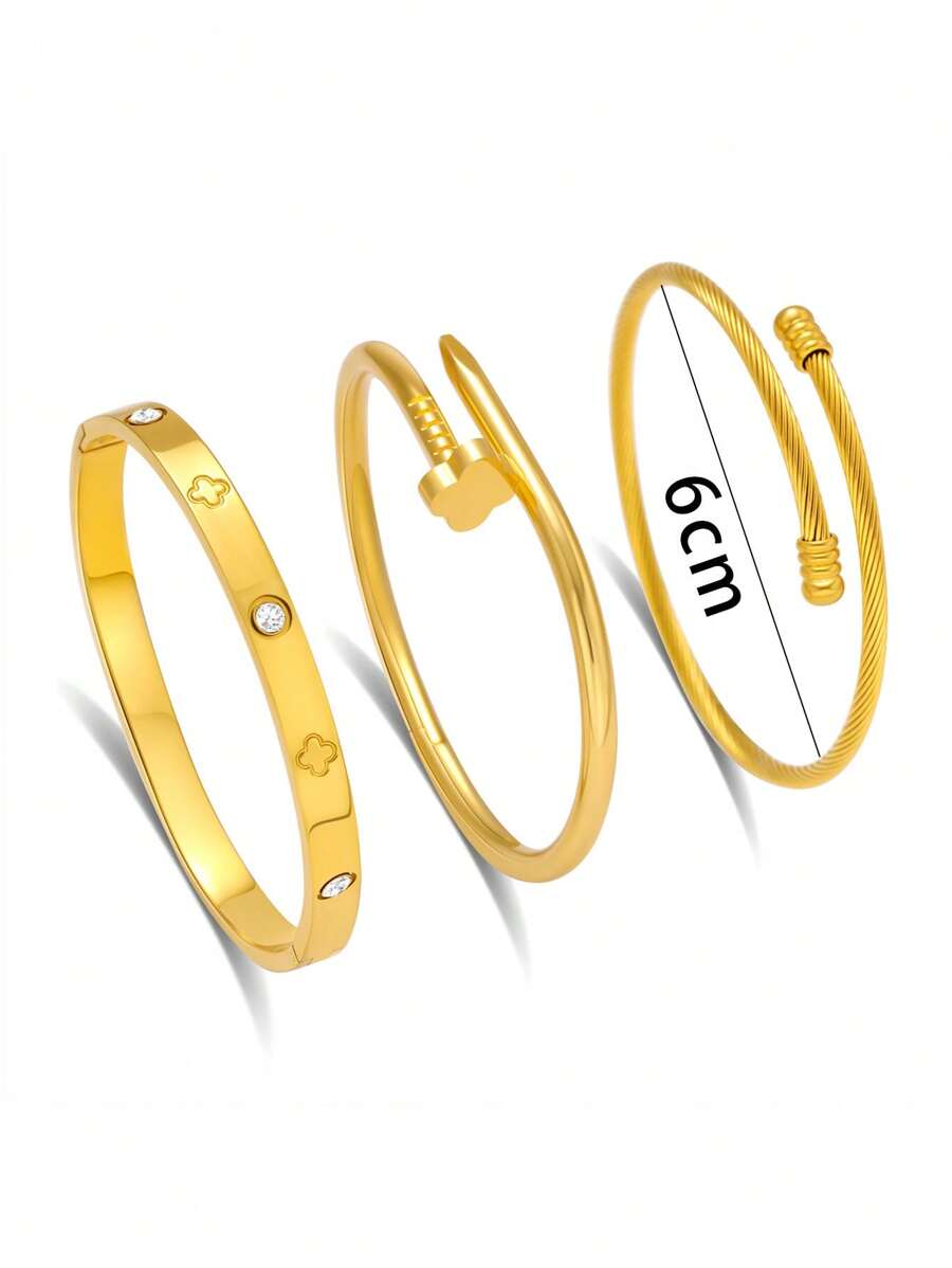 Fashionable European And American Clover Shaped Zirconia Stainless Steel Bracelet Set For Women, Suitable For Multiple Occasions, Stackable, Also As A Gift For Friends