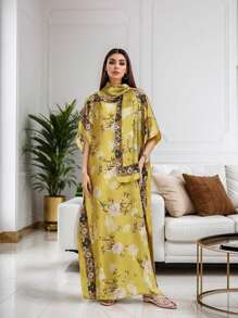 1 套时尚印花仿丝泳衣罩衫和头巾，适合海滩、度假、长袍、头巾、朴素长袍