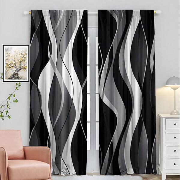 2 piezas, Cortinas de arte de onda negra, blanca y gris, Simplicidad moderna, Impresión digital 3D, Adecuado para salas de estar, dormitorios y salas de estudio, Creando una atmósfera refinada y cómoda