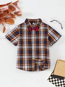 男童格子印花领衬衫+蝴蝶结，夏日派对，度假，学校，休闲，短袖日常穿着 - 彩色 - 查看 1