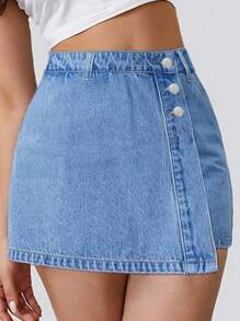 Fashionable Non Elastic Loose Denim Shorts For Women, High Waisted Straight Leg, Fake Two-Piece Button Design, Slanted Pocket, Slimming And Versatile Summer Hot Pants - Light Wash - View 1