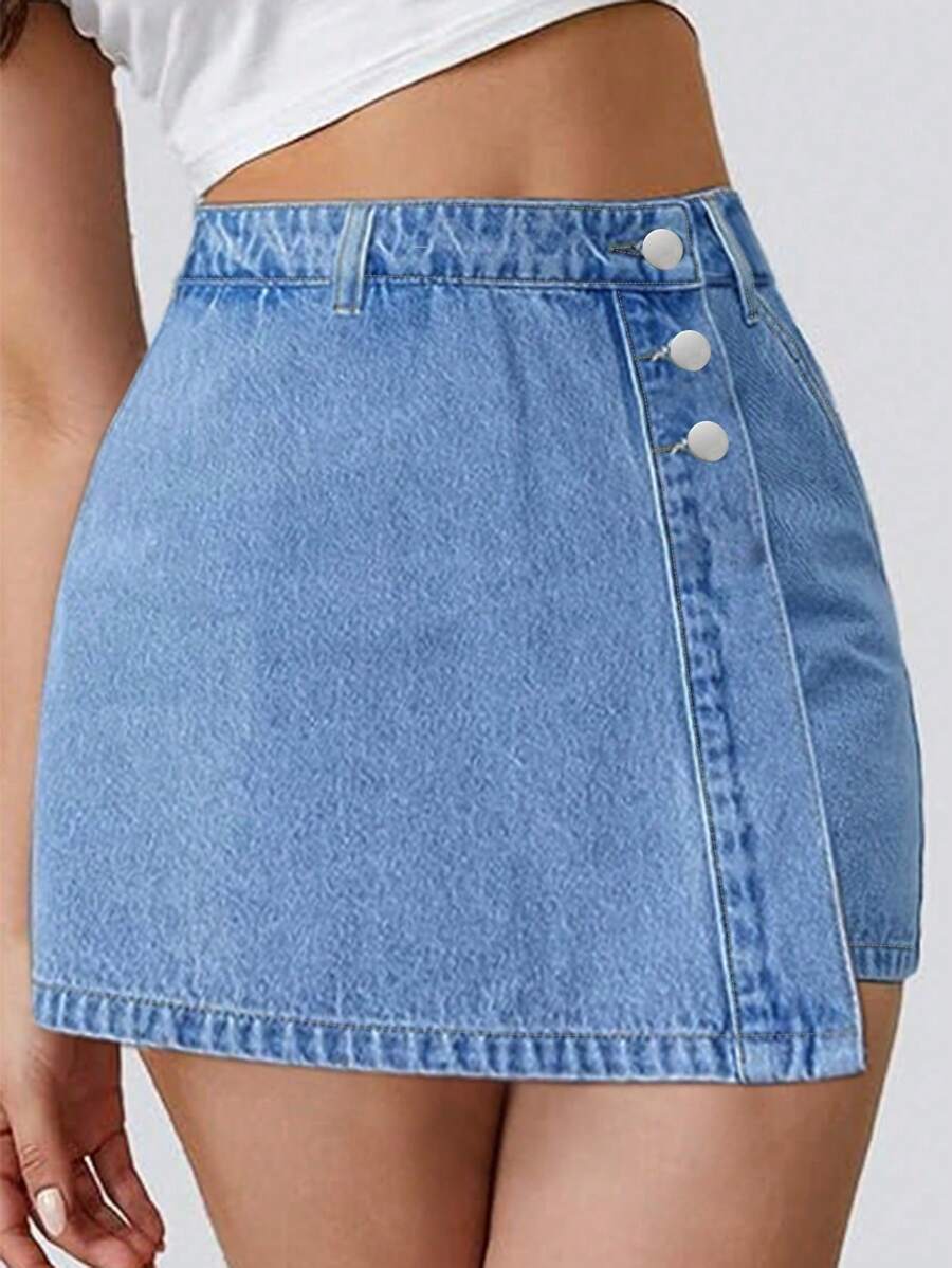 Fashionable Non Elastic Loose Denim Shorts For Women, High Waisted Straight Leg, Fake Two-Piece Button Design, Slanted Pocket, Slimming And Versatile Summer Hot Pants - Light Wash - View 1
