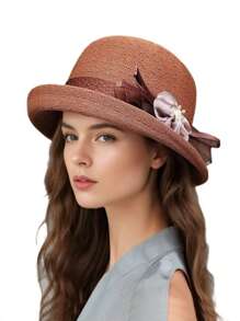 1 buc Pălărie de vară pentru femei, Pălărie casual, Pălărie de soare rotunjită cu boruri ondulate la modă de primăvară/vară, Decor floral, Potrivită pentru uz zilnic în aer liber
