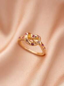 1pc Minimalist Pink Rhinestone Embellished Heart Knot Ring, Versatile Accessory For Daily Wear & Commute - Yellow Gold - View 3