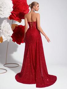 Elisanya 亮片无肩带镂空高腰长款缎带开衩露背系带鸡尾酒会晚礼服、婚礼宾客礼服、正式礼服、毕业礼服 - 紅色 - 查看 2