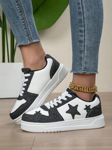 Women's Lightweight Fashion Two-Tone Denim Platform Sneakers, Casual Sporty White Shoes For All Seasons