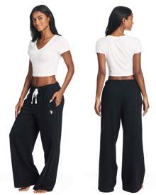 U.S. Polo Assn. Black Wide Leg Sweatpants For Women With Pockets, Premium French Terry Wide Leg Sweats - Black - View 5