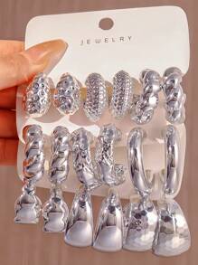 Bộ 3-9 Cặp Hoa Tai Hình Chữ C & Giọt Nước Thời Trang Phóng Đại Của Châu Âu & Hoa Kỳ ABS Màu Bạc - bạc - Xem 1