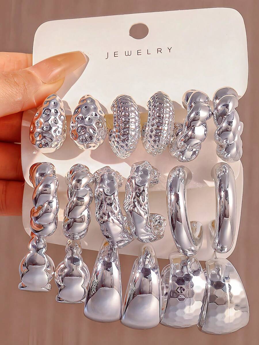 Bộ 3-9 Cặp Hoa Tai Hình Chữ C & Giọt Nước Thời Trang Phóng Đại Của Châu Âu & Hoa Kỳ ABS Màu Bạc - bạc - Xem 1