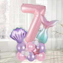 26 件美人鱼生日装饰套装，大号 40 英寸粉色铝箔数字气球，美人鱼贝壳装饰，适合美人鱼公主主题生日派对、婚礼、新娘送礼会