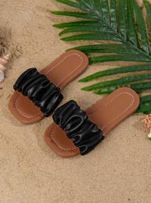 女童平底时尚一脚蹬沙滩凉鞋，适合夏季户外穿着 - 黑色 - 查看 1