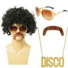 Disco Wig 5-Piece Set Of Wig+Glasses+Necklace+Chicken Lips+Wig Cap 70s Clothing Wig African Wig Men's Short Curly Hair Naturally Fluffy Synthetic Wig Disco Party European And American Men's Rock Hair Disco Hippie 80s Punk Big Dollar Necklace Black Curly Hair Wig