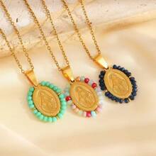 1pc Vintage Fashion Stainless Steel Rice Bead Coiled Virgin Mary Pendant Necklace, Casual Versatile Accessory, Suitable For Women Everyday Wear, Holiday Gift - 34030132 - View 3
