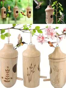 3 件木制蜂鸟屋悬挂迷你装饰蜂鸟屋户外花园庭院木制悬挂装饰品工艺品，户外悬挂喂鸟器用于花园装饰和野生动物景点 - 彩色 - 查看 2