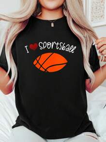 Womens I LOVE SPORTSBALL Funny Football Basketball Sports Sarcasm V-Neck T-Shirt Print Round Neck Cotton T-Shirt, Summer Women's Tops, Gift