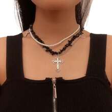 3pcs/Set Natural Stone + Titanium Steel + Faux Pearl Layered Necklace, Fashionable For Women, Suitable For Daily Wear Or Beach Vacation