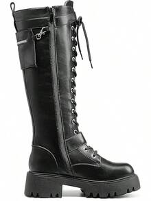 Women's Combat Riding Platform Knee High Boots, Lace Up Fall Lug Sole Gothic Motorcycle Boots With Inside Zipper, 2025 Style - 黑色 - 查看 4