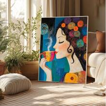1 pieza, Pintura colgante de lienzo, Pintura decorativa enmarcada, Póster, Arte de pared, Pintura de lienzo abstracta de una chica del café, Estilo de arte decorativo moderno, Listo para colgar en la sala de estar, dormitorio, oficina en casa, decoración de aula