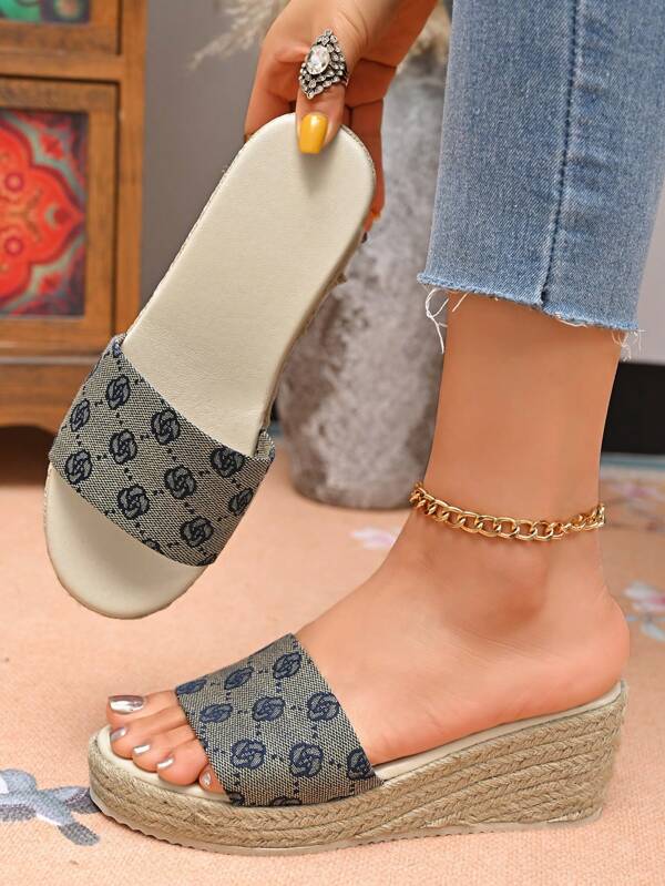 Women's New Thick Sole Woven Strap Rope Wedge Platform Slide Sandals, Fashionable Personalized Comfortable Casual Classic Strap Wedge Slippers