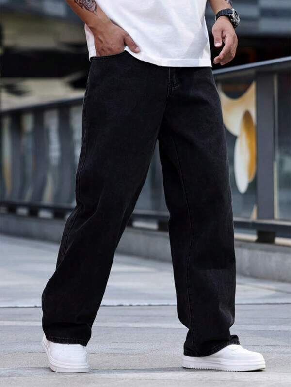 1pc Men's Street Style Loose Fit Casual Washed Straight Leg Jeans, Korean Fashion, Versatile
