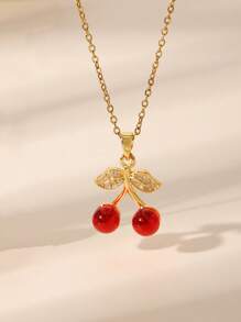 1 件时尚可爱红宝石樱桃、蝴蝶珍珠、圆形锆石吊坠项链，18k 不锈钢链，适合女性日常、约会、度假穿着或 BFF 礼物 - 金黃色 - 查看 2