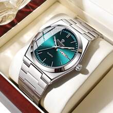1pc Men's Watch Silver Green 50m Waterproof Rust-Proof 316 Stainless Steel Luminous Hands Japan Imported Quartz Automatic Movement - High-Quality Built-In Long-Life Japan Battery English Sunday Calendar Precise Timekeeping Men's Birthday Gift Husband Father's Day Wedding Souvenir - Bạc - Xem 1