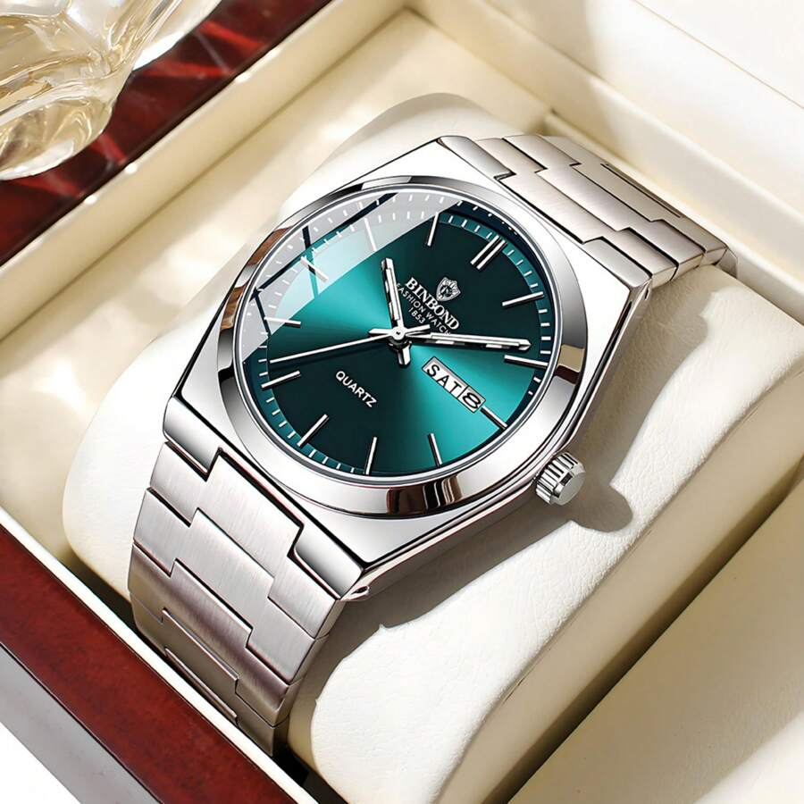 1pc Men's Watch Silver Green 50m Waterproof Rust-Proof 316 Stainless Steel Luminous Hands Japan Imported Quartz Automatic Movement - High-Quality Built-In Long-Life Japan Battery English Sunday Calendar Precise Timekeeping Men's Birthday Gift Husband Father's Day Wedding Souvenir - Bạc - Xem 1