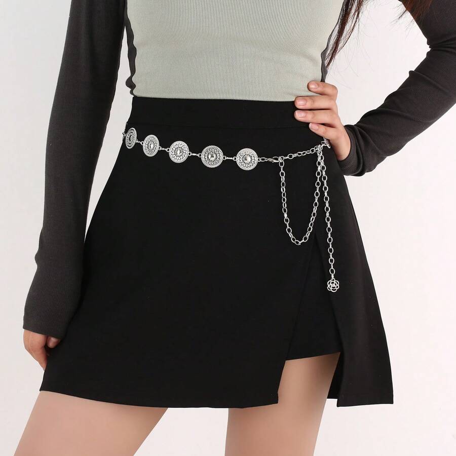 1psc Cross-Border New Waist Chain Women's High-End Women's European And American Retro Silver Summer With Skirt Round Cake Metal Chain Belt - Silver - View 1