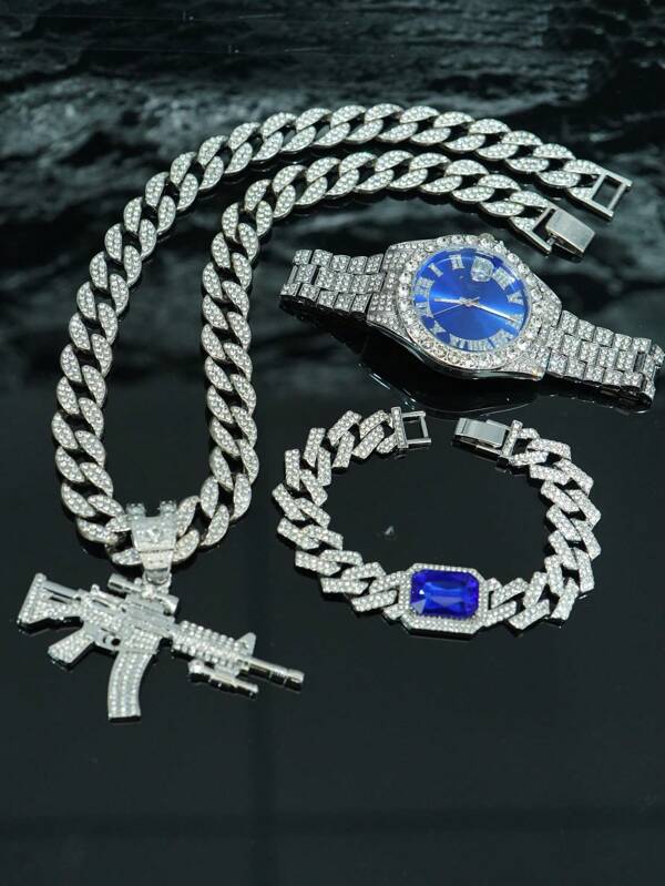 طقم مجوهرات شخصي للرجال من سبائك المعادن مرصع بالراين ستون 3D على شكل بندقية، قلادة، سوار، ساعة هدية، ملحقات أنيقة على الطراز الأوروبي والأمريكي لموسيقى الهيب هوب، علبة هدايا فاخرة