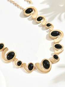 1pc Elegant Geometric Spiral Shell Design Women Necklace, Boho Style Zinc Alloy Black Oval Resin Inlaid Mix&Match Pendant Clavicle Chain, Suitable For Everyday And Party Wear - Golden - View 3