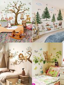 1pc/1set2pcs/1set3pcs Forest Tree Animal Tiger Fox Bear Rabbit Kitten Wall Stickers, Decorative For Baby Room, Living Room, Bedroom