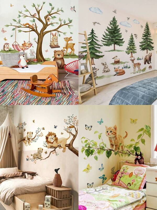 1pc/1set2pcs/1set3pcs Forest Tree Animal Tiger Fox Bear Rabbit Kitten Wall Stickers, Decorative For Baby Room, Living Room, Bedroom