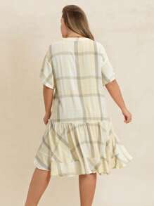 Rusttydustty Women Plus Size Multi Color Grid Deep V-Neck Loose Dress Summer Party Beach Holiday Music Festival - Multicolor - View 2