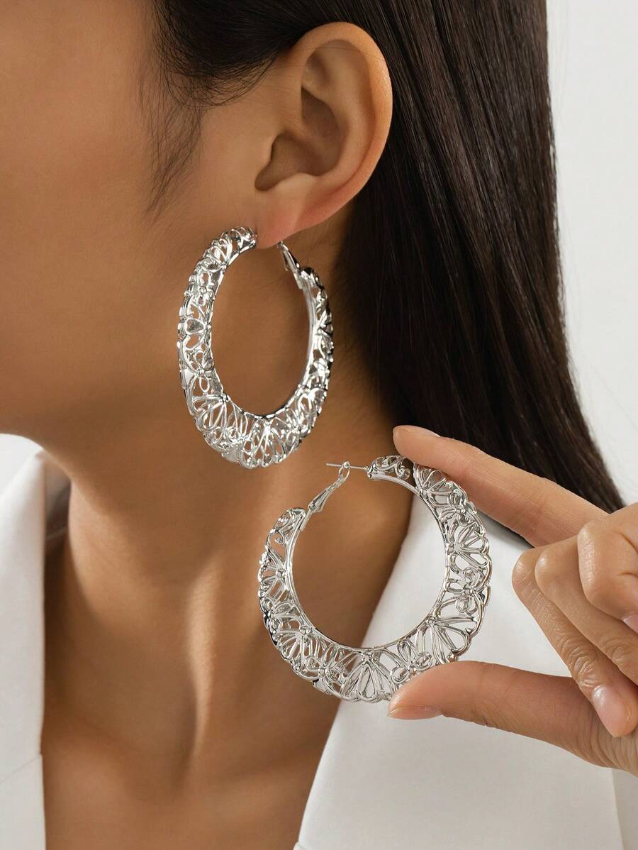 1 Pair Fashionable Geometric Enamel Earrings, Versatile - Silver - View 1