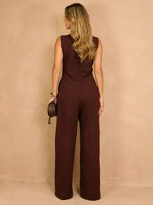 Elegant Linen Pantaloon Jumpsuit Wide Legs And Discreet Pockets - Rust Brown - View 2
