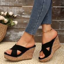 Sandales compensées d'été pour femmes, talons hauts plateformes, tongs anti-dérapantes avec texture de grain de bois