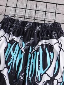 1pc Tween Boy Street Fashion Skateboard Skull Hand Letter Paisley Printed Shorts, Spring/Summer