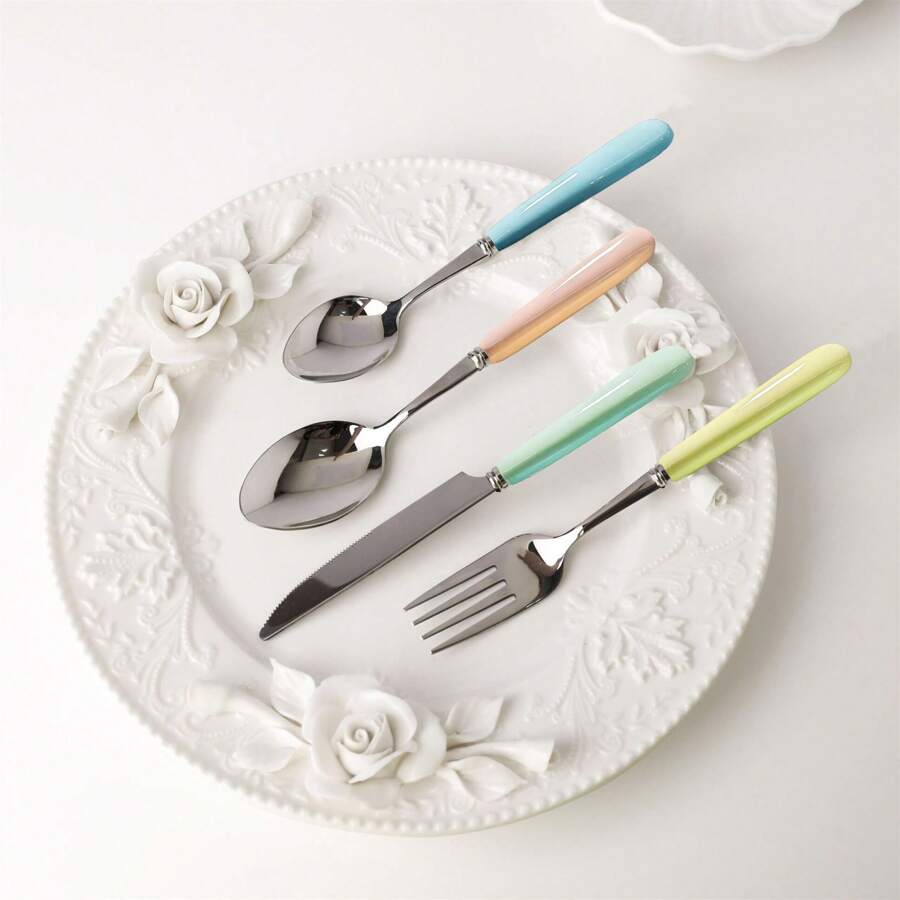 Juego de cubiertos de acero inoxidable de 2/4/12/24 piezas con mango de cerámica - Cuchillo para bistec, cuchara sopera, cuchara de postre y tenedor - Cubiertos creativos, utensilios y accesorios de cocina que incluyen cuchillo, tenedor, cuchara - Perfecto para comidas diarias, fiestas y reuniones festivas