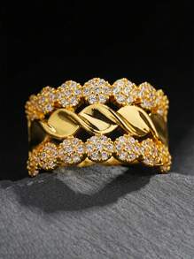 1pc Custom Fashion Cuban Link Ring, 18K Gold Plated CZ Simulated Diamond Punk Ring, Best Gift For Her And Him For Holidays - Multicolor - View 3