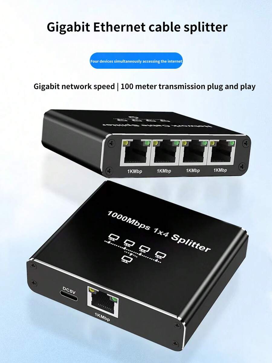 Gigabit Ethernet Cable 1-To-4 Splitter, Allowing Multiple Devices To Use The Internet Simultaneously At High Speed With A Single Network Cable, 1-To-4 Port Sharing Device, RJ45 Network Cable Splitter.