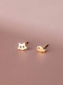 1 Pair S925 Sterling Silver Asymmetric Cat And Fish Design Stud Earrings For Women