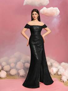 Teen Girls' Elegant Off-Shoulder Floor-Length Gown With Cascading Side Sash & High Leg Slit - Sequined Glitter Formal Dress For Pageant Princesses, Red Carpet Galas, Black-Tie Weddings, Grand Celebrations, And Luxury Evening Events - Black - View 6