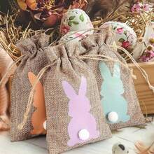 Personalised Easter Bunny Bag With Name , Burlap Bunny Drawstring Bag, Mini Easter Basket For Kids, Treat Bags, Easter Gifts Boys Or Girls,Multifunction,Vintage,Colorful,Cute,Contracted,Custom,Personalized,Unique,Customized,Girlfriend,Boyfriend,Family,Friends,Beach Bag - Multicolor - View 6